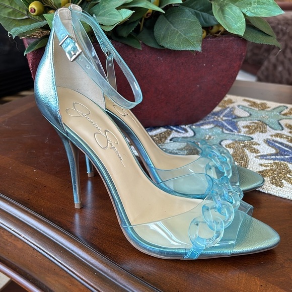 Brand New Jessica Simpson Wayri Stiletto Heels Sandals Lucite Chainlink Blue - Picture 10 of 15